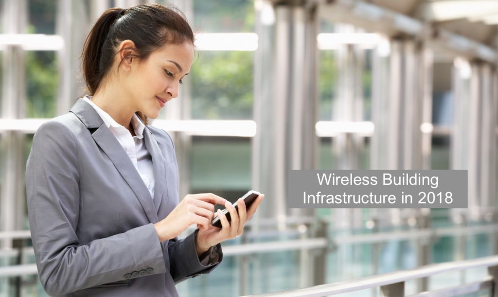Businesswoman in suit using mobile phone in office building